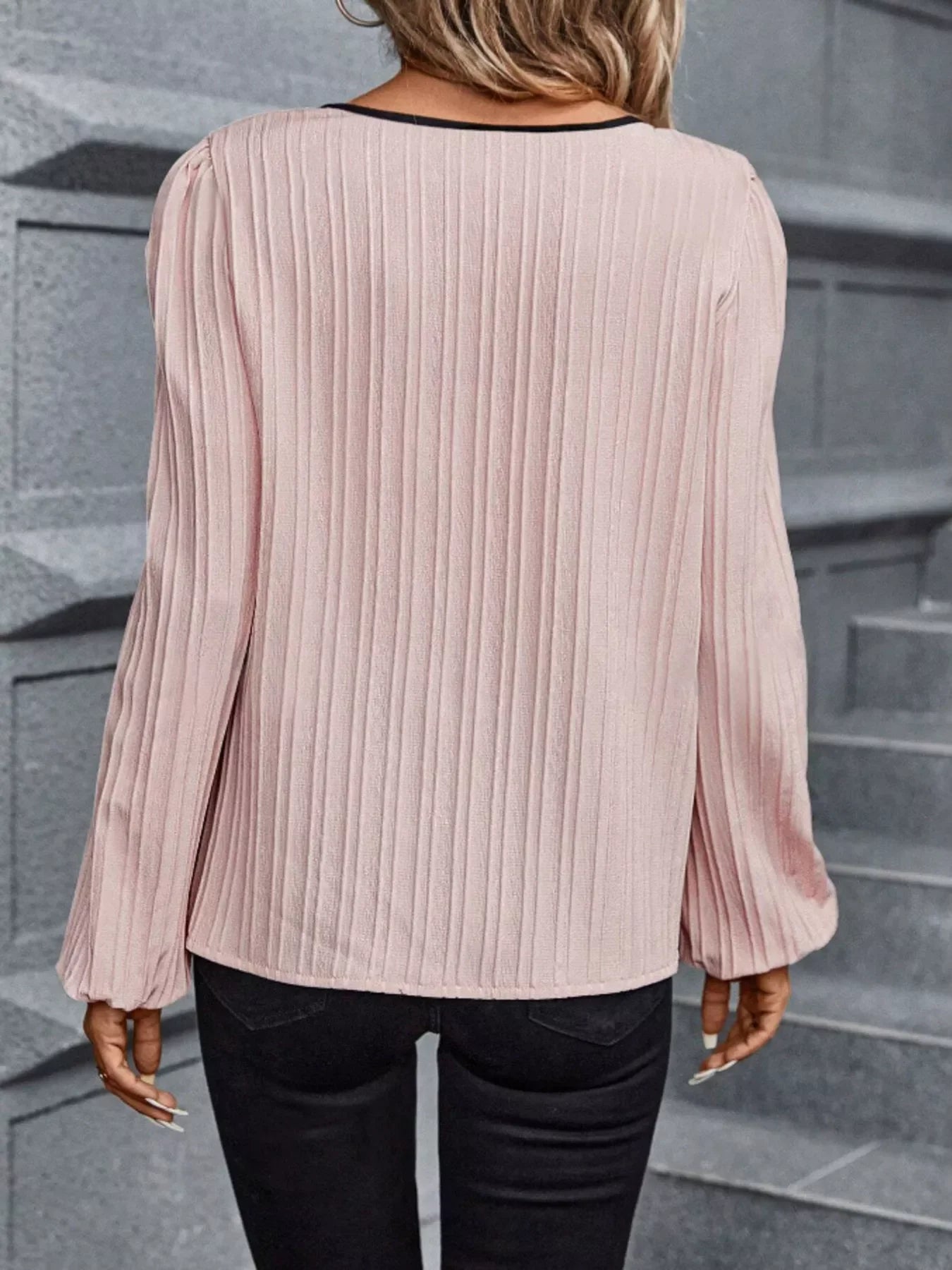 Textured Notched Long Sleeve Blouse Polyester - Southern Shores Clothing