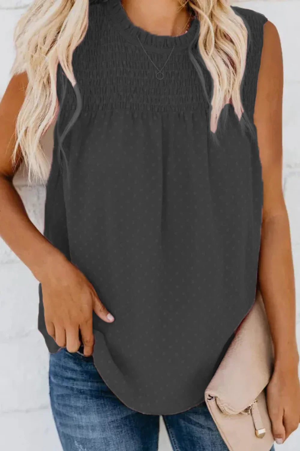 Smocked Tie Back Frill Trim Tank Top With Swiss Dot - Southern Shores Clothing