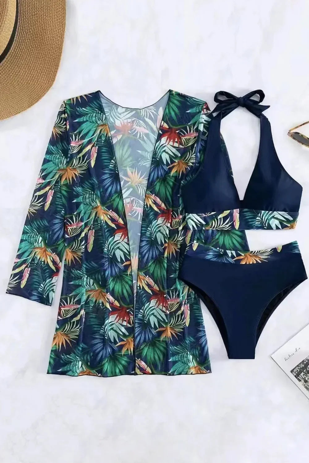 Tropical Print Halter Neck Three-Piece Swim Set Removable Pads - Southern Shores Clothing