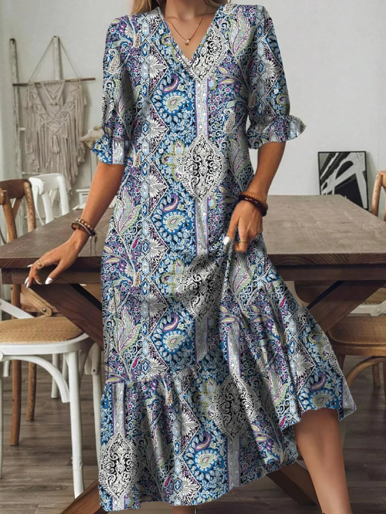 Bohemian Paisley Print V Neck Tiered Midi Dress Pattern - Southern Shores Clothing