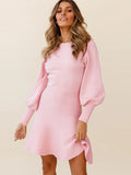 Round Neck Lantern Sleeve Sweater Dress Relaxed Fit - Southern Shores Clothing