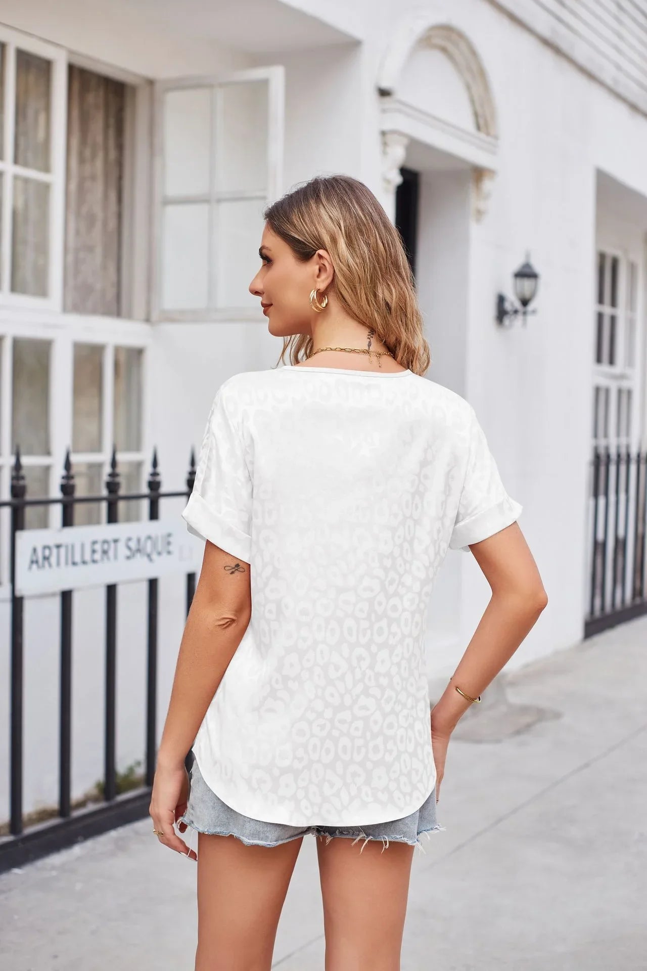 Leopard Print Satin Top With V-Neck And Short Sleeves - Southern Shores Clothing