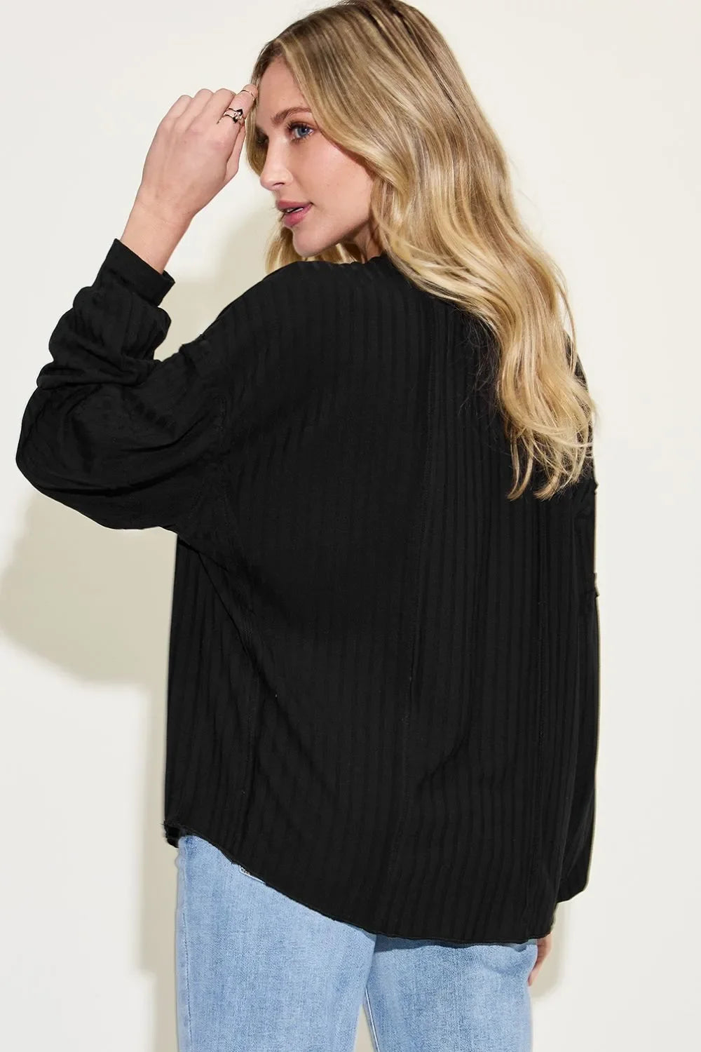 Ribbed Round Neck Long Sleeve T Shirt Basics - Southern Shores Clothing