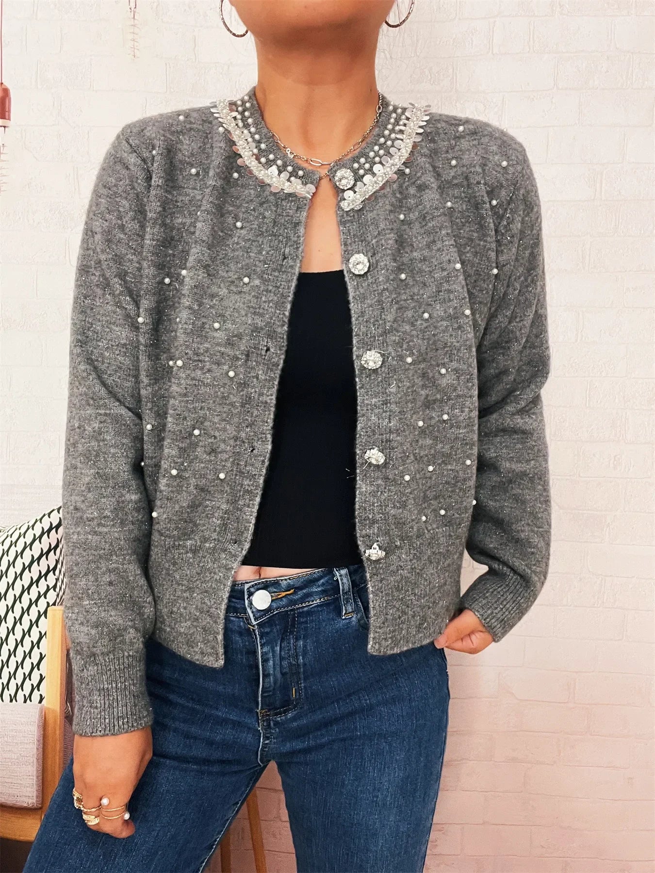 Pearl Detail Button Front Cardigan Stretch Knit - Southern Shores Clothing
