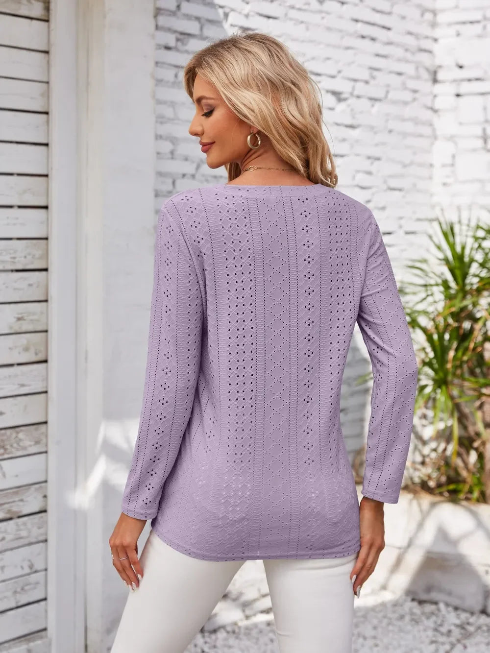 V Neck Openwork T Shirt With Decorative Buttons - Southern Shores Clothing