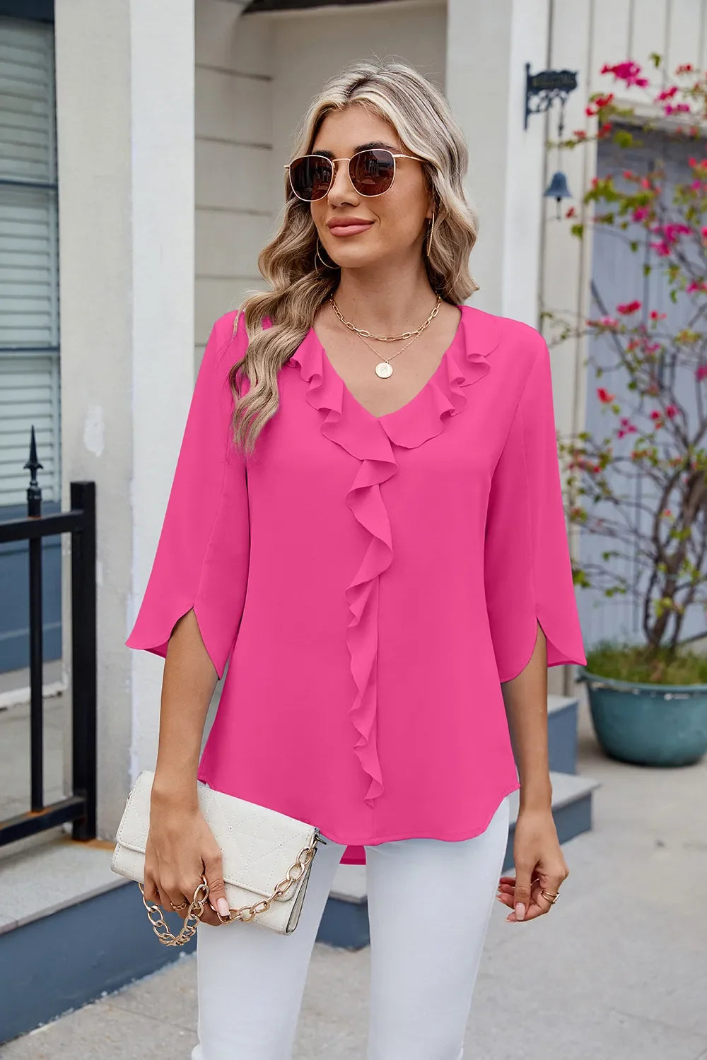 Ruffled Polyester V-Neck Blouse With Three-Quarter Sleeve - Southern Shores Clothing