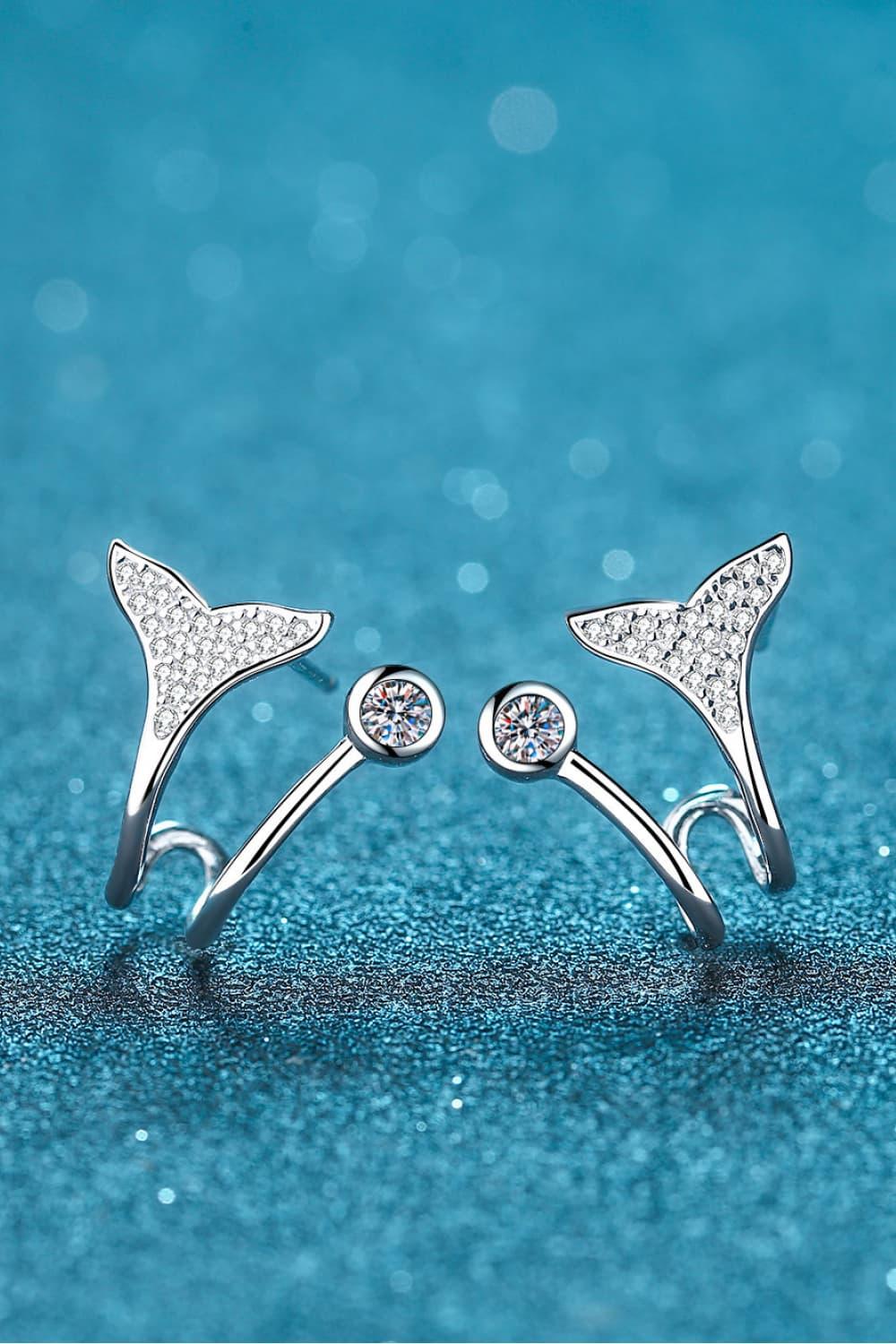 Minimalist Moissanite Fishtail Earrings Rhodium Plated