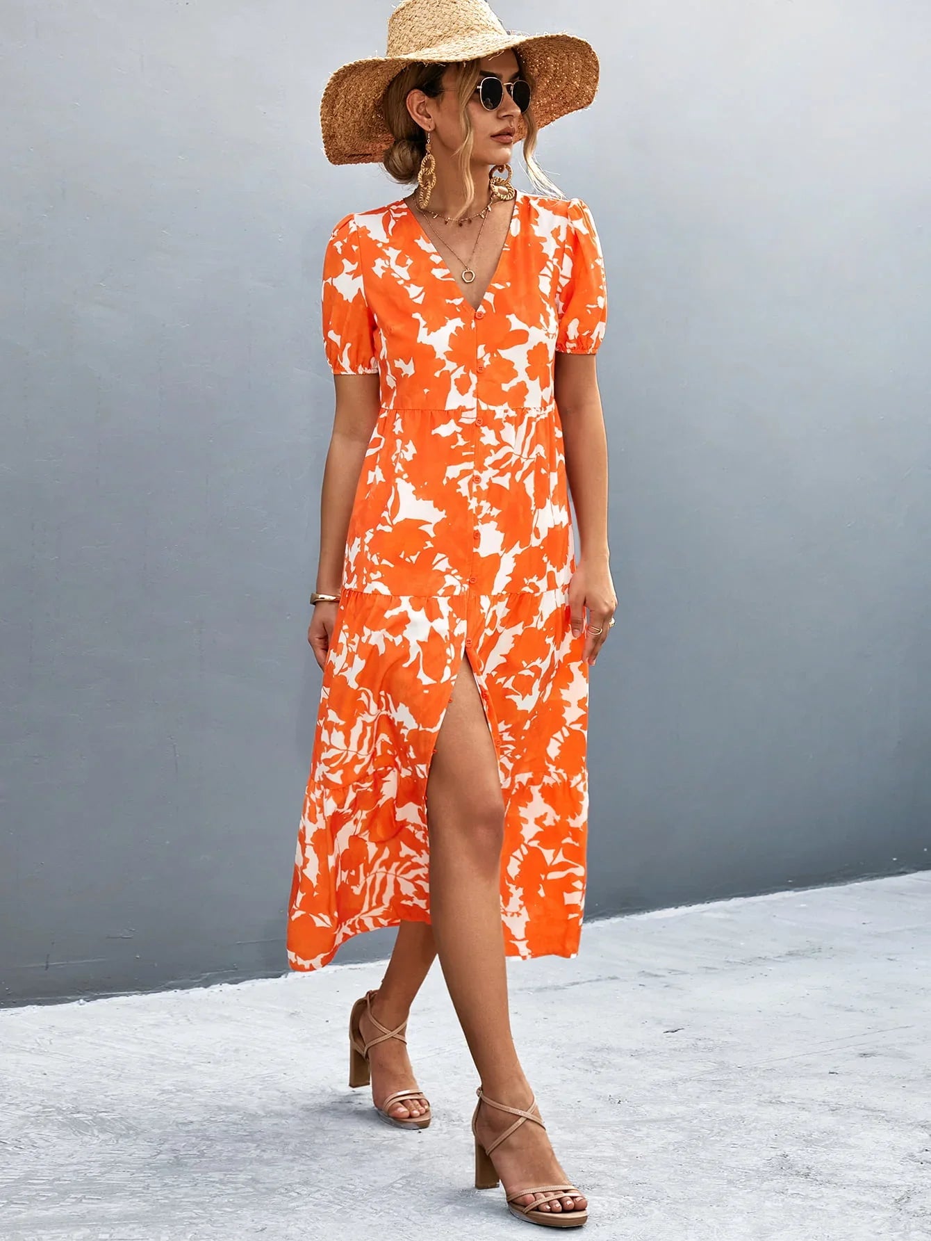 V-Neck Short Sleeve High Slit Midi Dress - Southern Shores Clothing