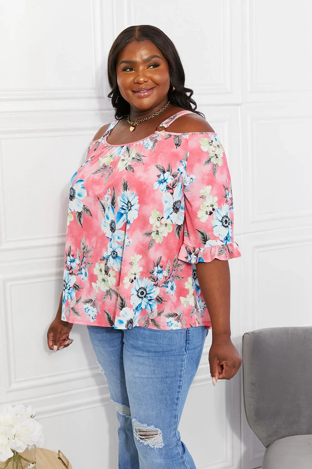 Floral Cold Shoulder Knit Top With Stretch - Southern Shores Clothing
