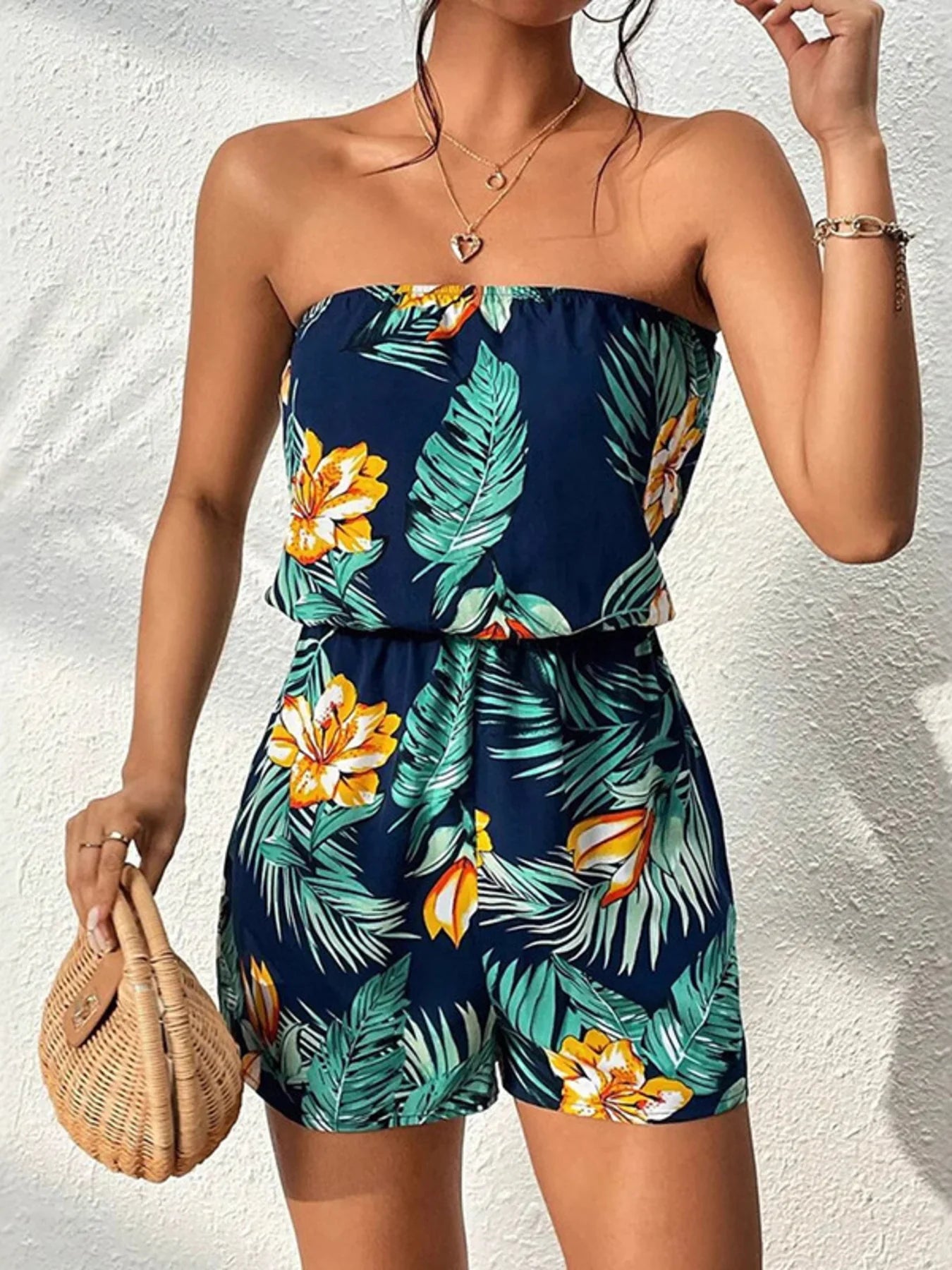 Tropical Print Strapless Elastic Waist Romper - Southern Shores Clothing