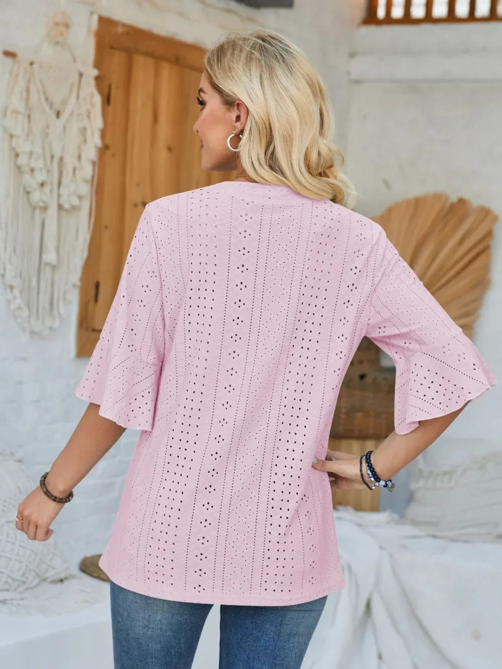 Eyelet Notched Half Sleeve T Shirt With Opaque Design - Southern Shores Clothing
