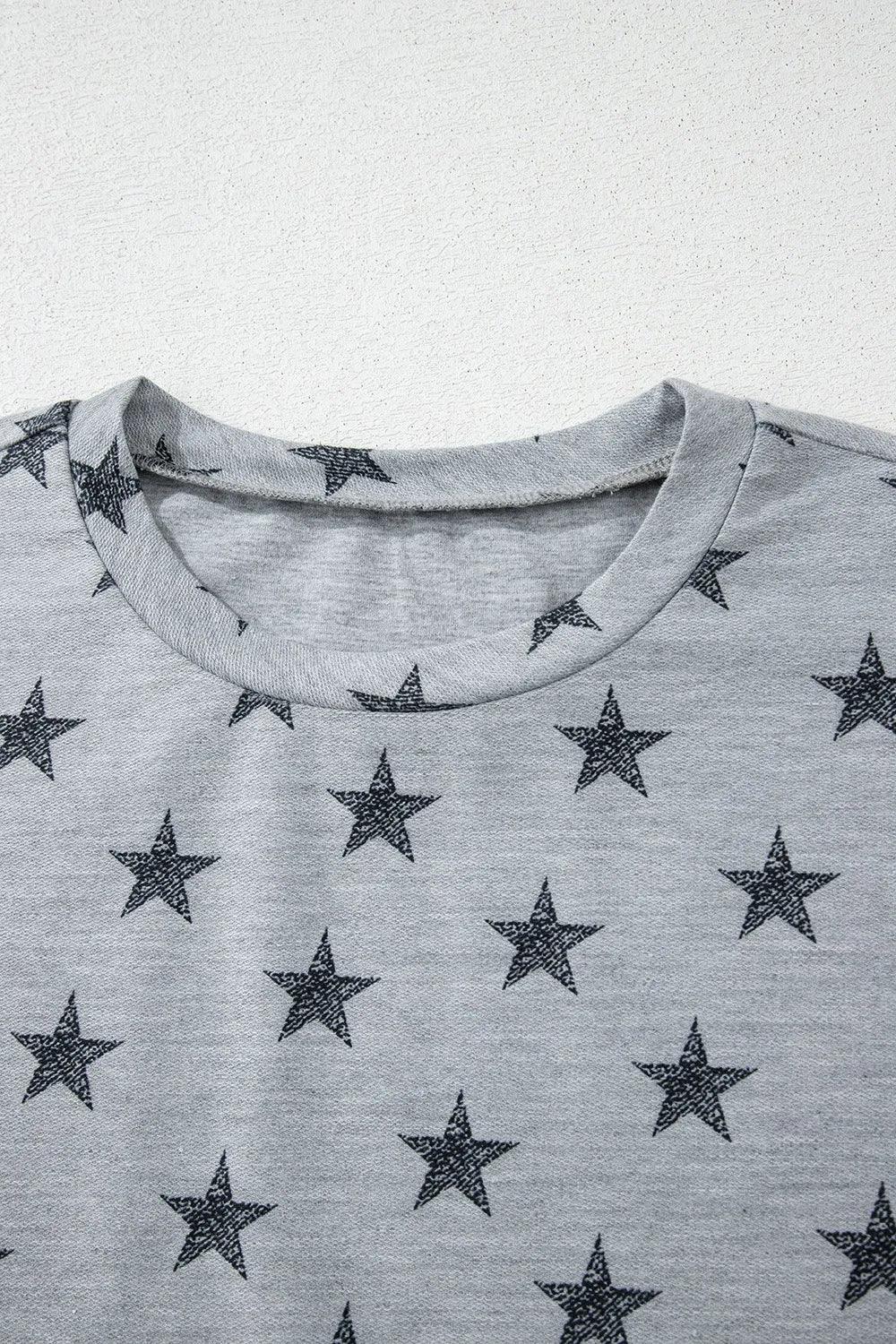 Star Print Tiered Ruffled Sleeve Crew Neck T Shirt - Southern Shores Clothing