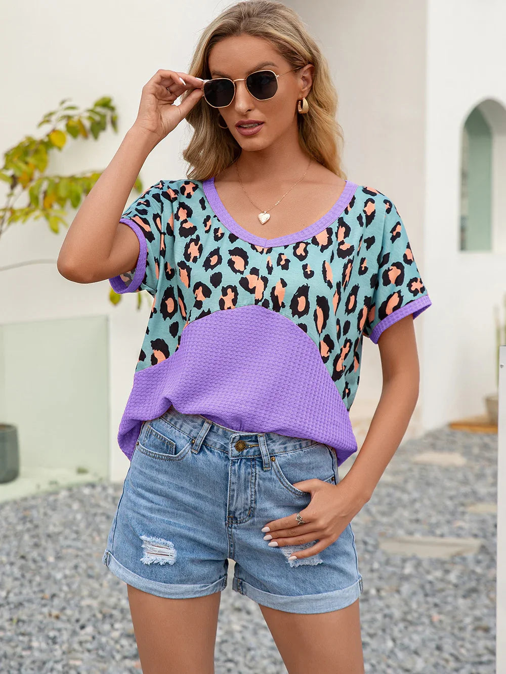 Leopard Print Waffle-Knit Short Sleeve Top - Southern Shores Clothing