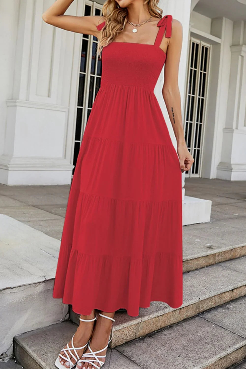 Tie Shoulder Smocked Tiered Maxi Dress Casual - Southern Shores Clothing