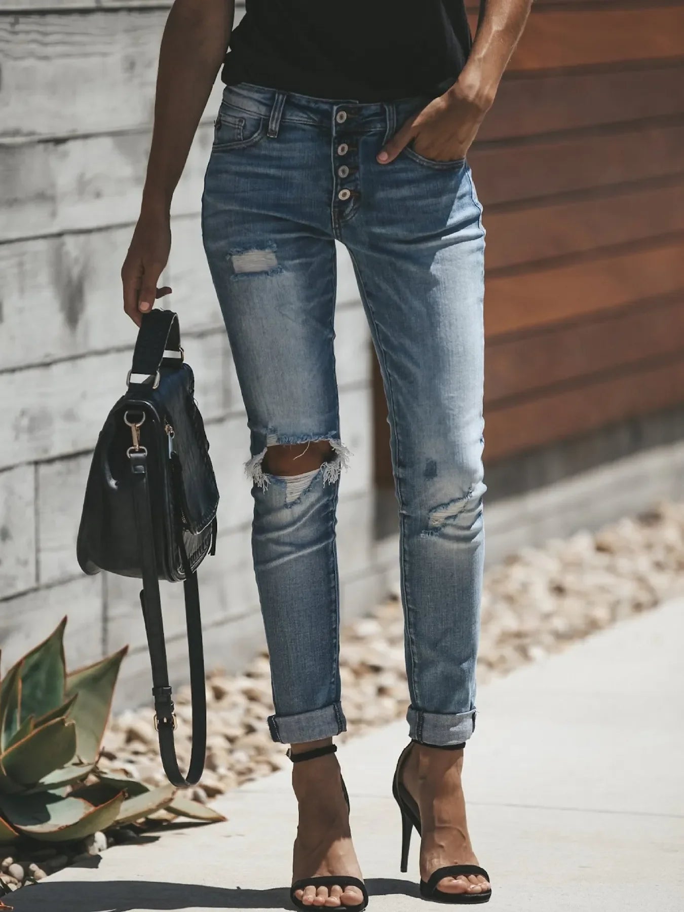 Coastal Distressed Button-Fly Skinny Jeans With Stretch - Southern Shores Clothing