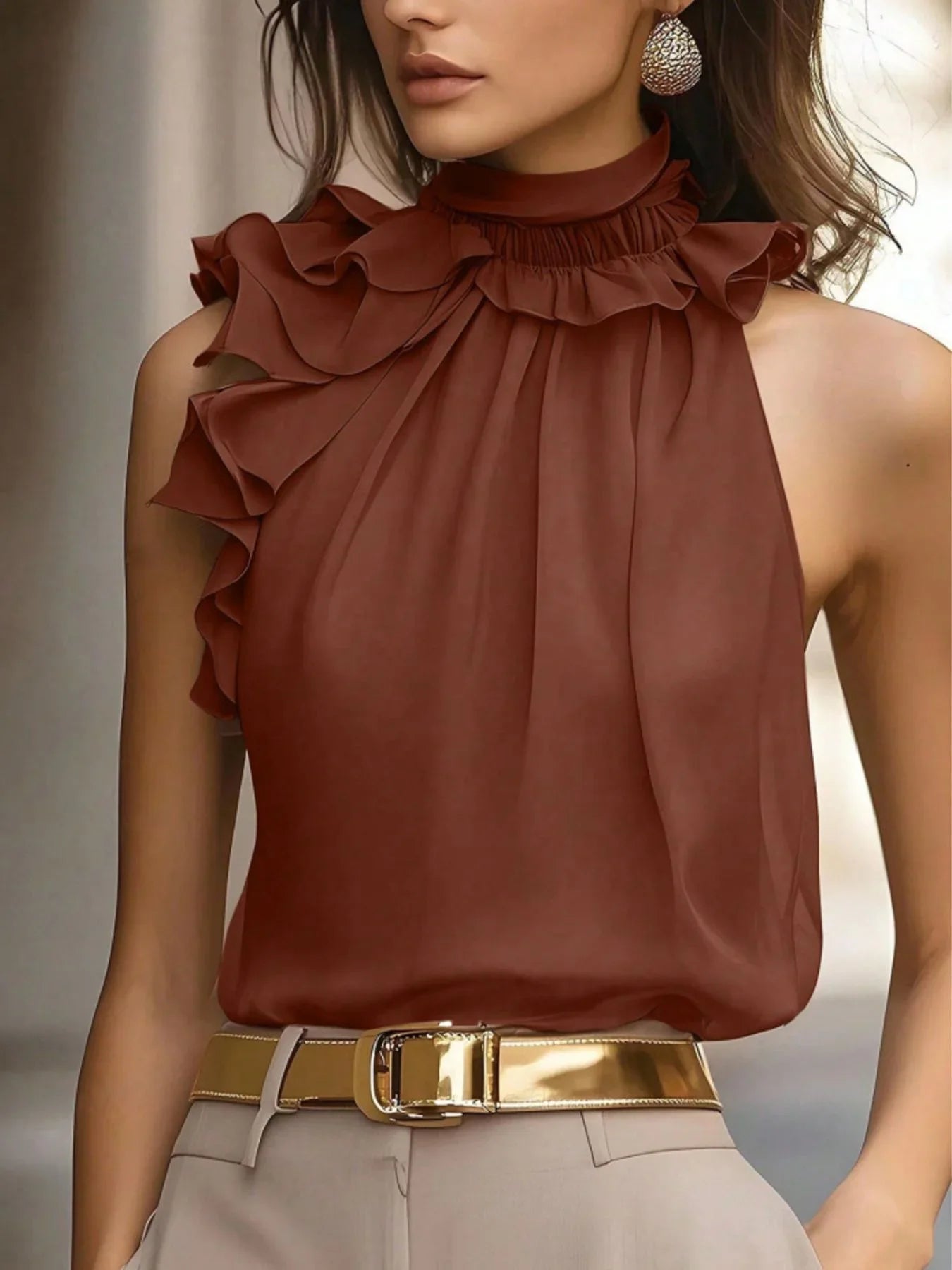 Ruffled High Neck Sleeveless Top With Draped Silhouette Detail - Southern Shores Clothing