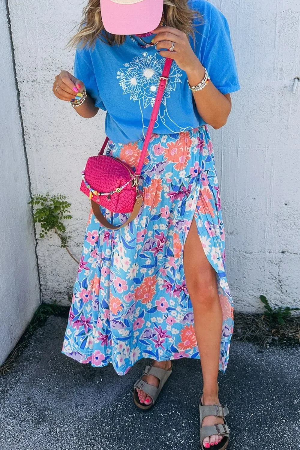 Nautical Floral Print High Waist Split Skirt Silhouette - Southern Shores Clothing