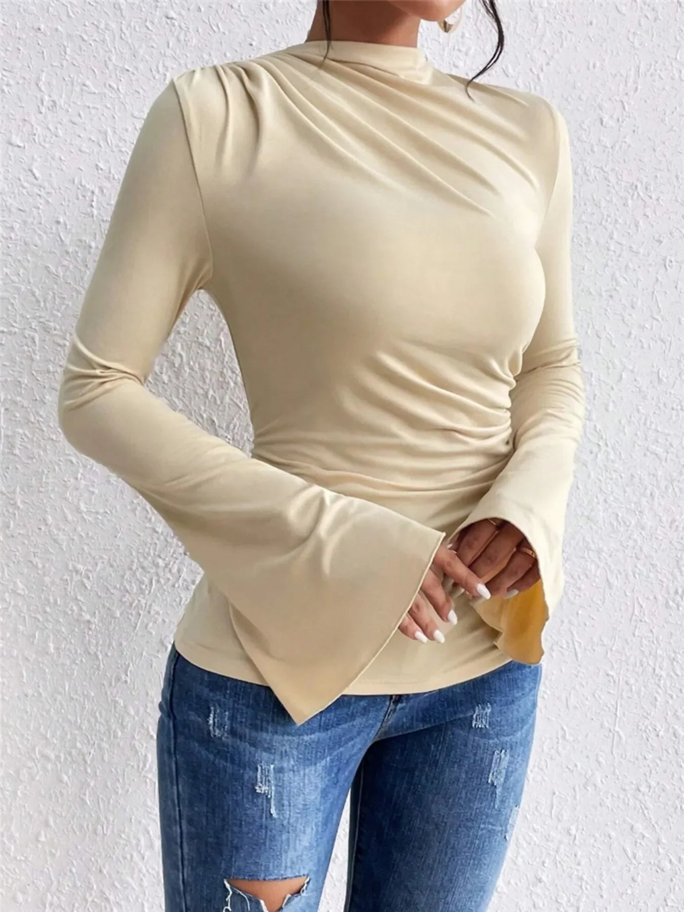 Bell Sleeve Ruched Fitted T-Shirt with Mock Neck - Southern Shores Clothing