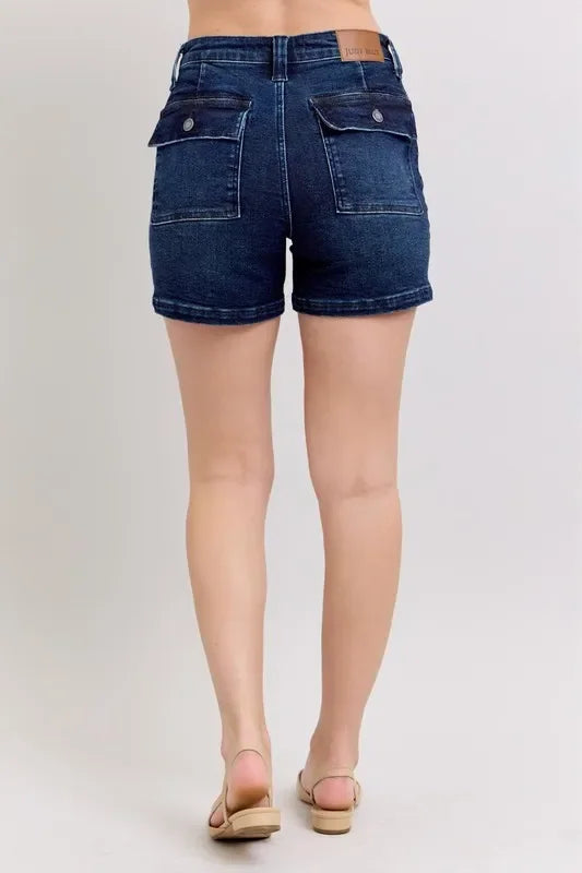 High Waist Denim Shorts With Back Flap Pocket Plus Size - Southern Shores Clothing