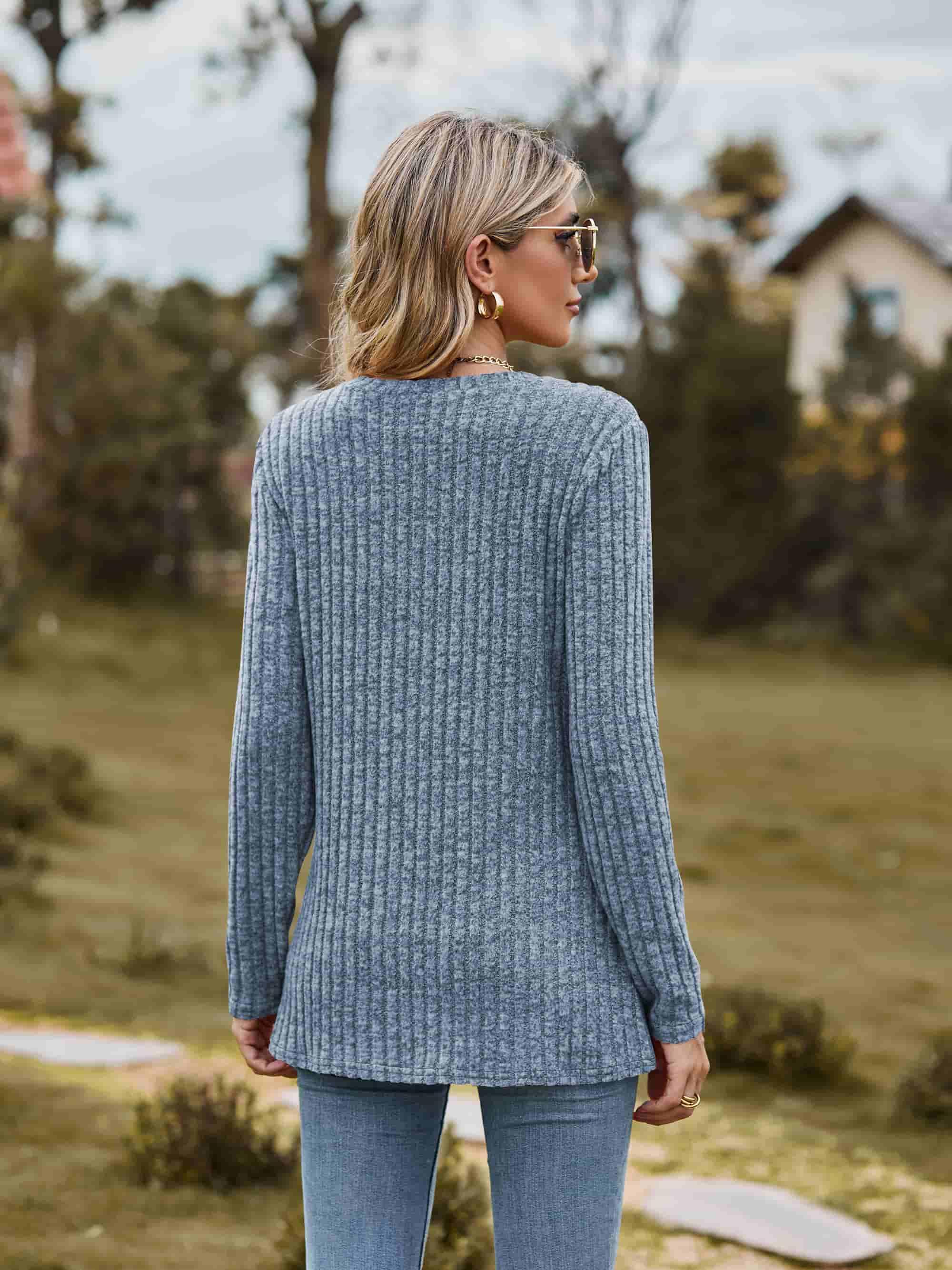 Ribbed Round Neck Long Sleeve Tee For Everyday Wear - Southern Shores Clothing