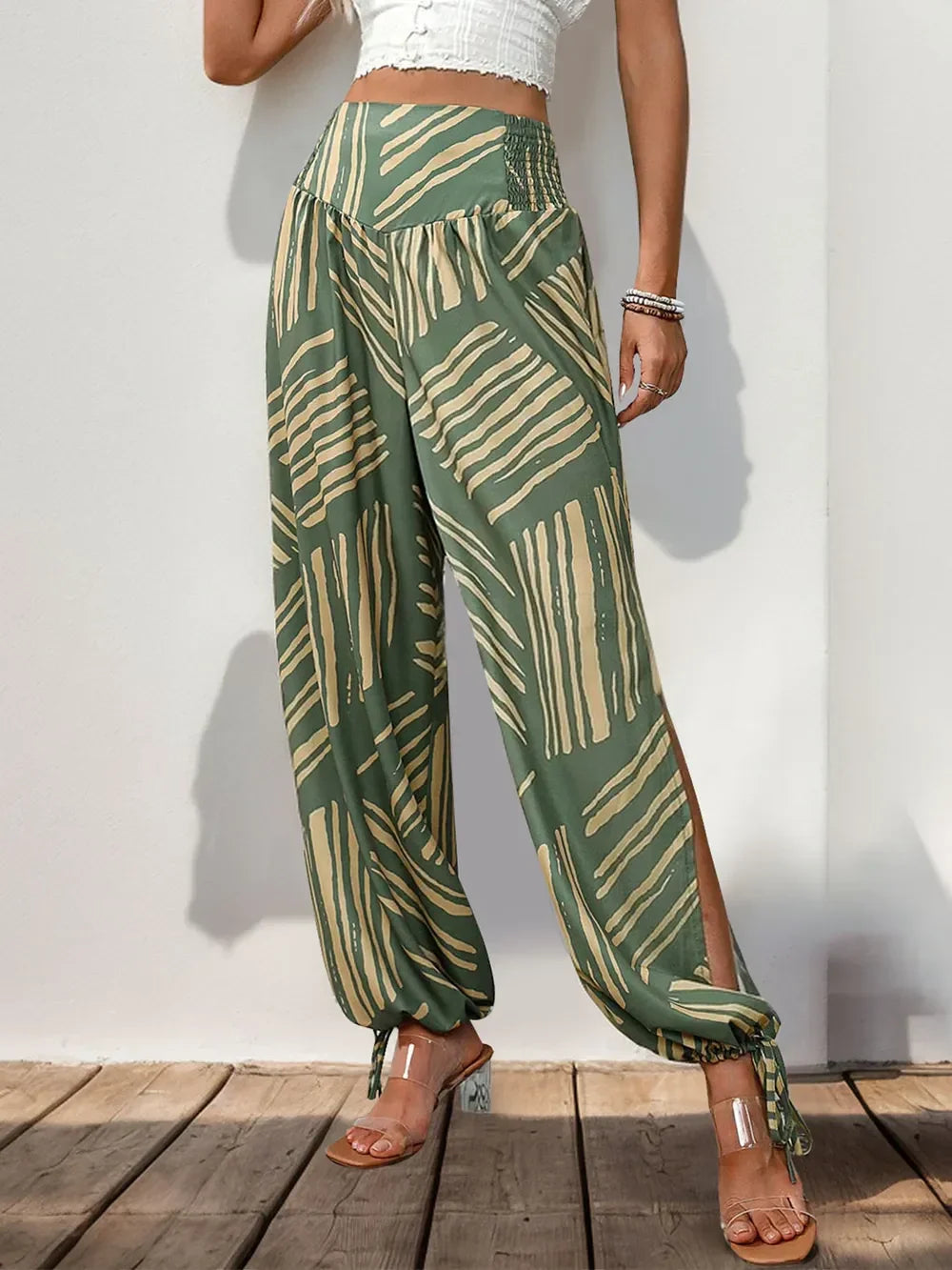 Smocked Slit Printed High Waist Wide Leg Boho Pants Relaxed - Southern Shores Clothing