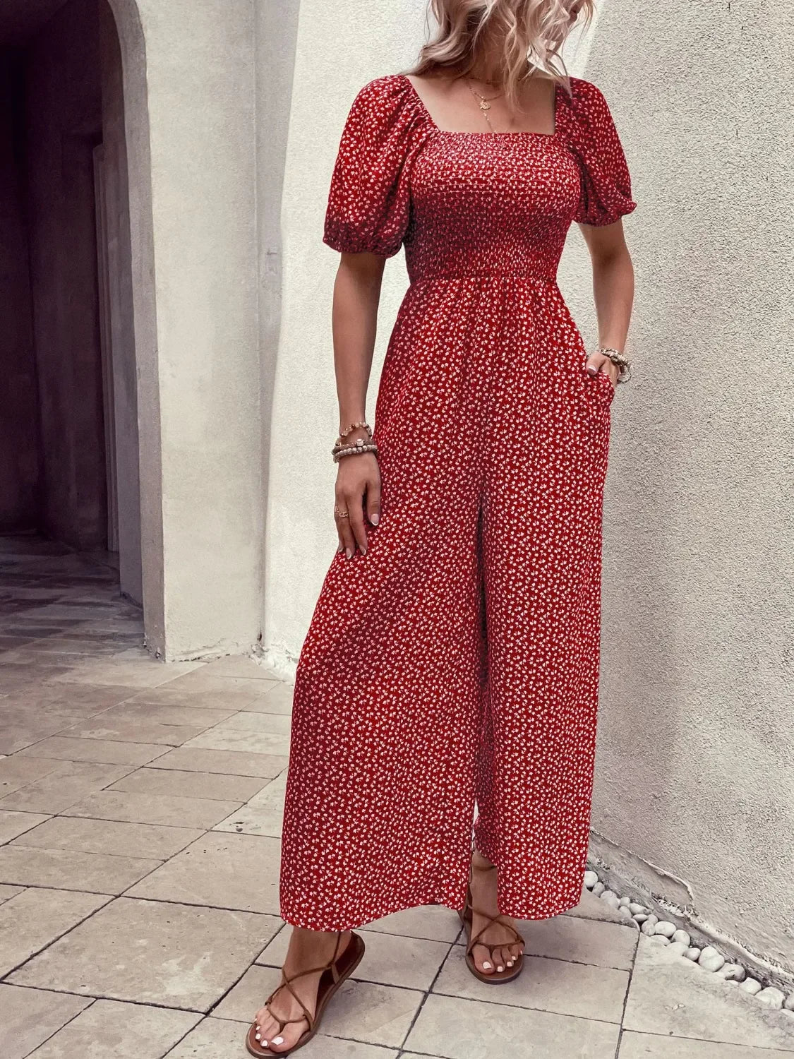 Printed Square Neck Puff Sleeve Jumpsuit - Southern Shores Clothing