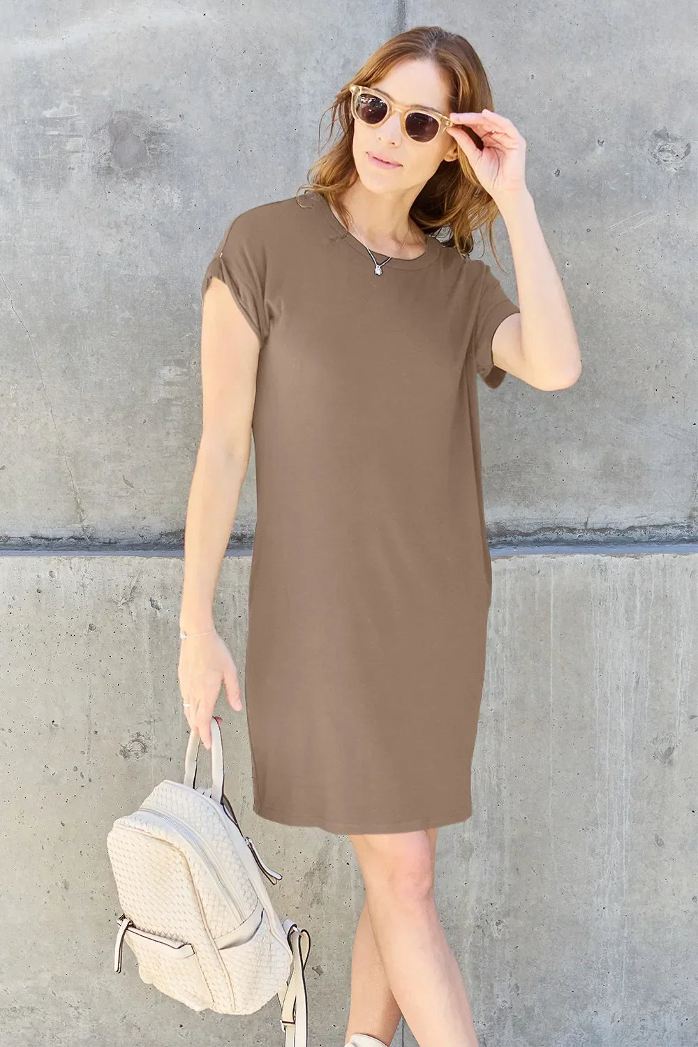 Round Neck Short Sleeve Dress With Pockets - Southern Shores Clothing