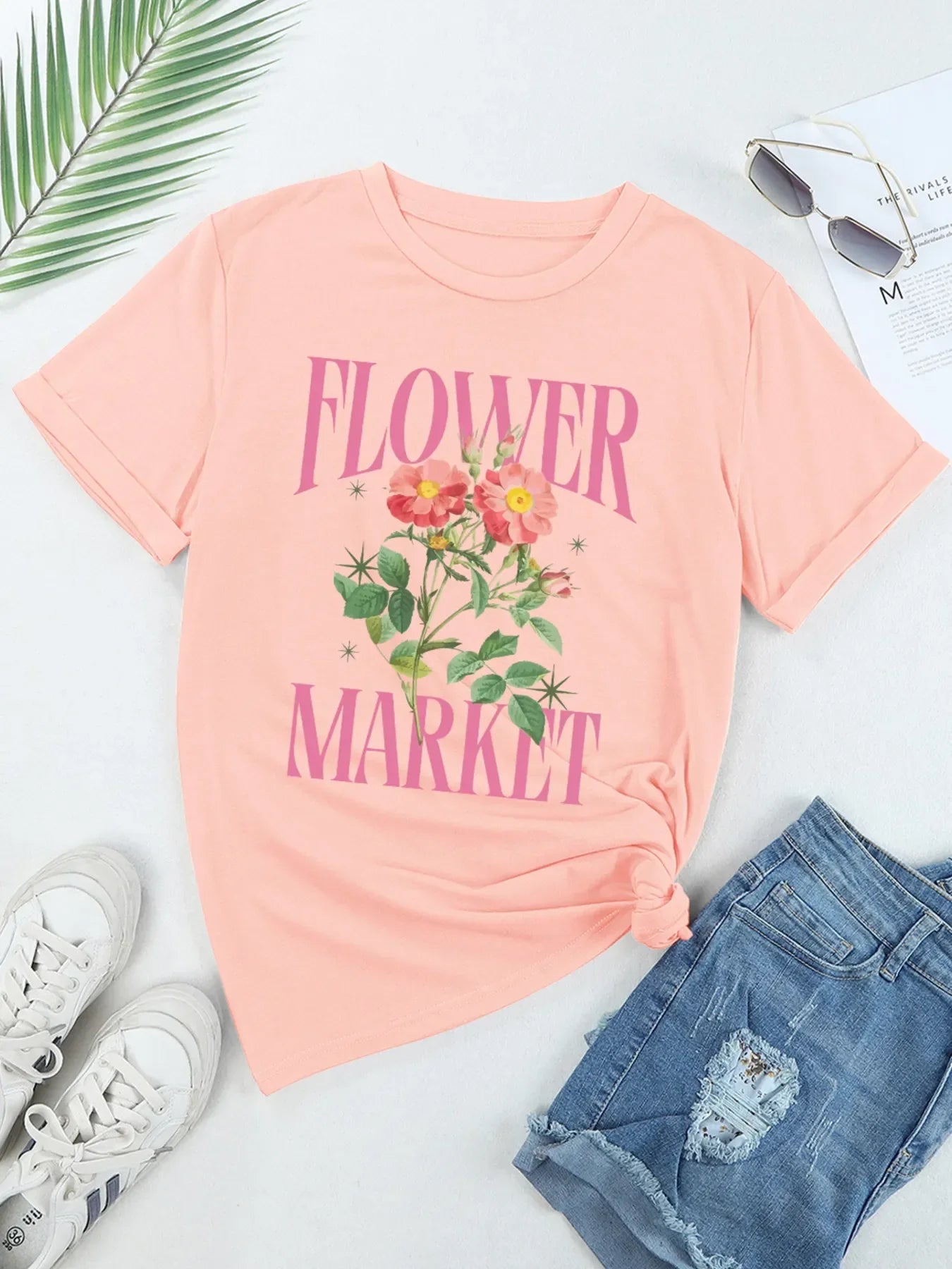 Flower Market Graphic Crewneck T Shirt With Stretch Fabric - Southern Shores Clothing