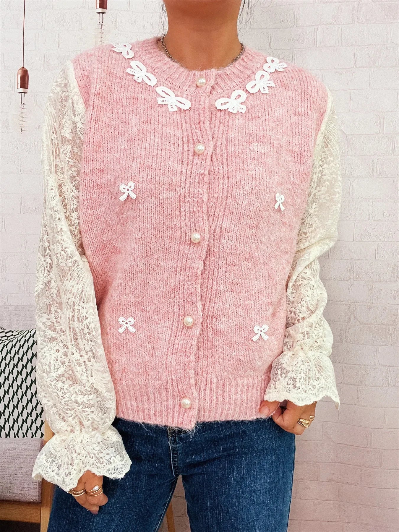 Lace Sleeve Button-Up Cardigan With Ruffled Detail - Southern Shores Clothing