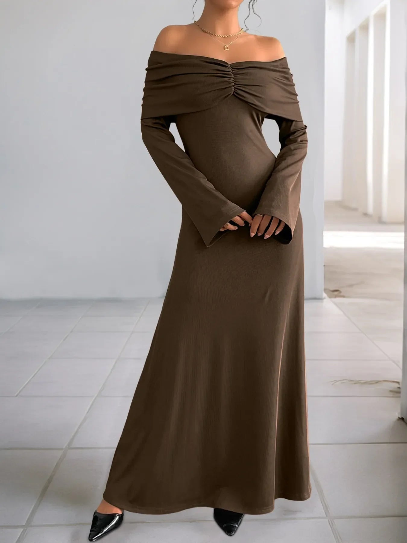 Off-Shoulder Long Sleeve Bodycon Maxi Dress - Southern Shores Clothing