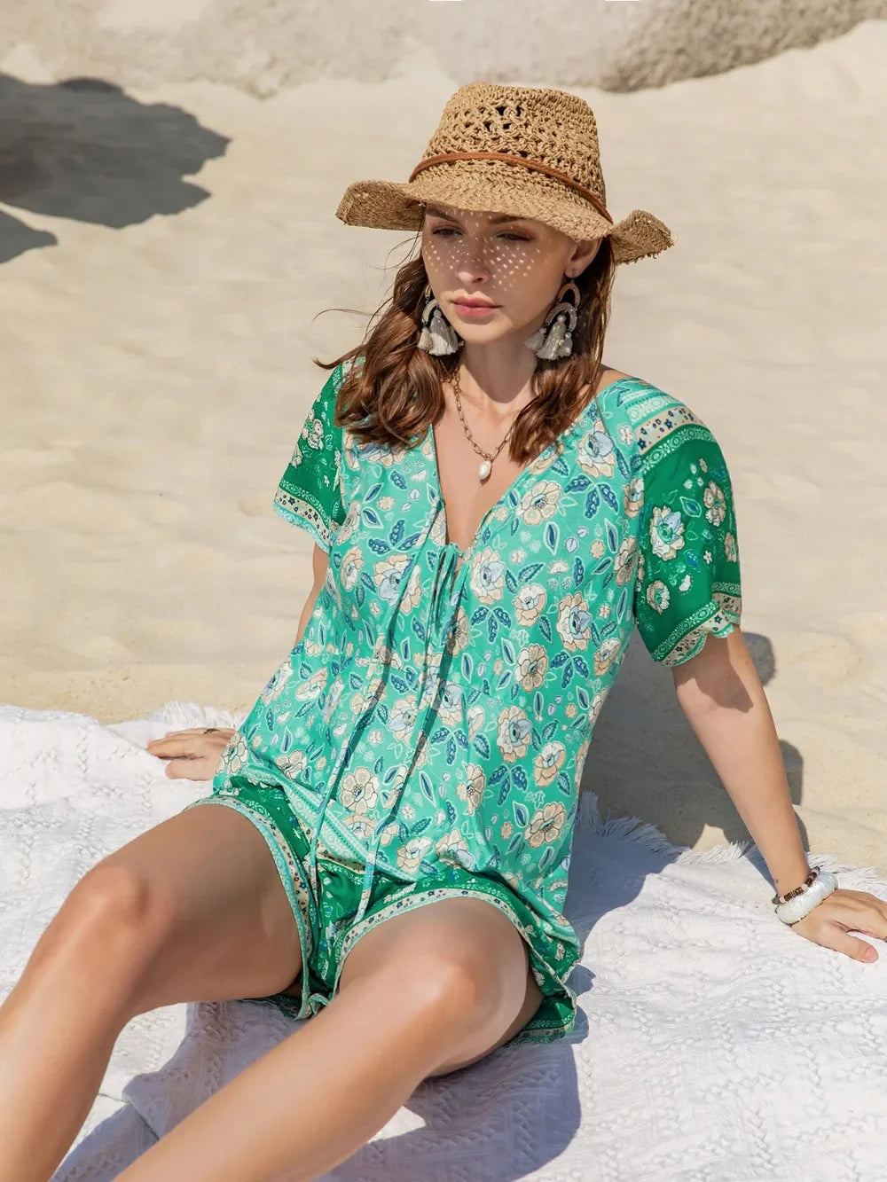 Tied Printed Short Sleeve Romper Viscose - Southern Shores Clothing