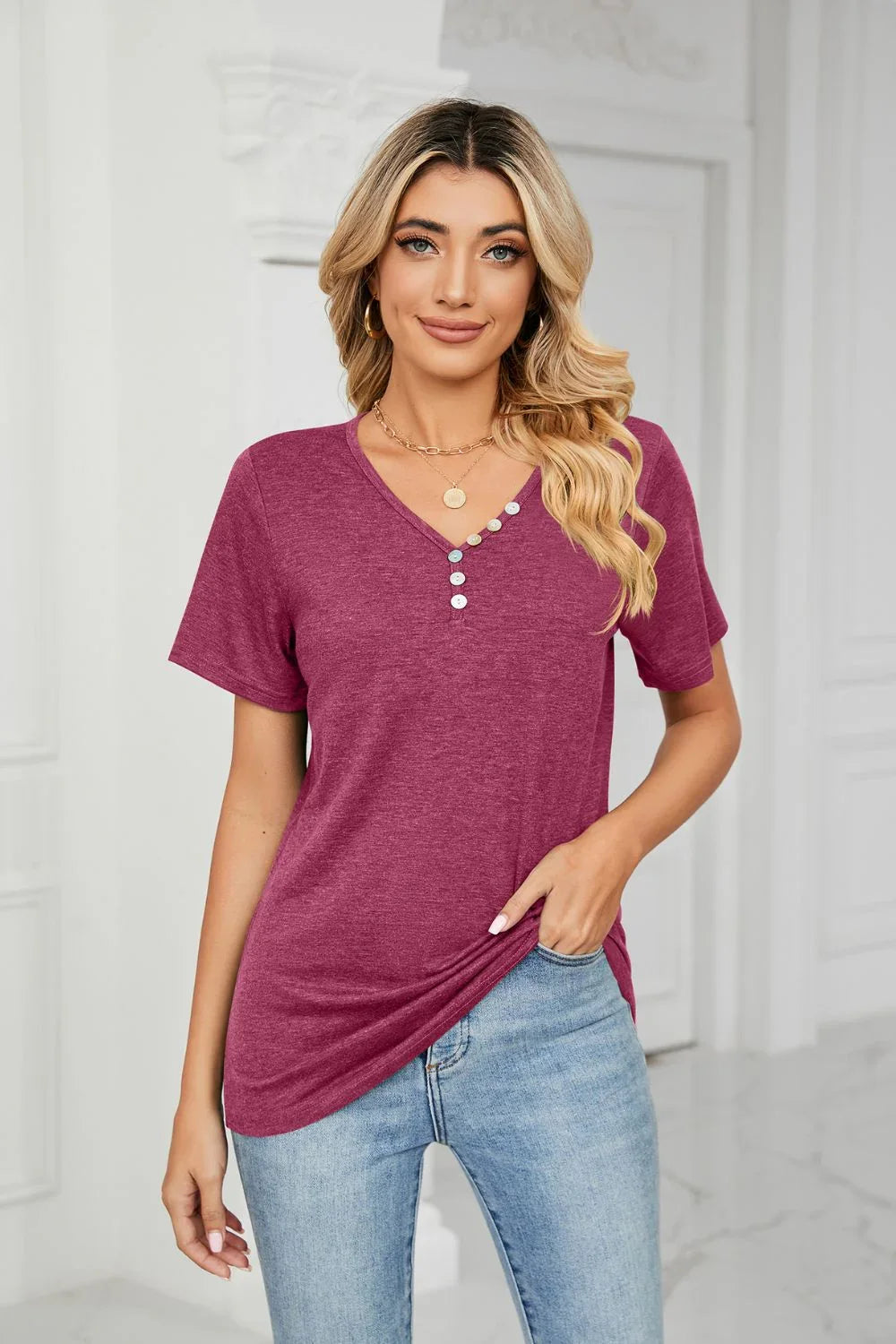 Decorative Button V-Neck Short Sleeve T Shirt - Southern Shores Clothing