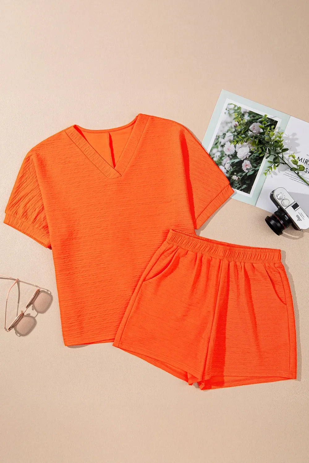 Textured V-Neck T Shirt And Shorts Two-Piece Set - Southern Shores Clothing