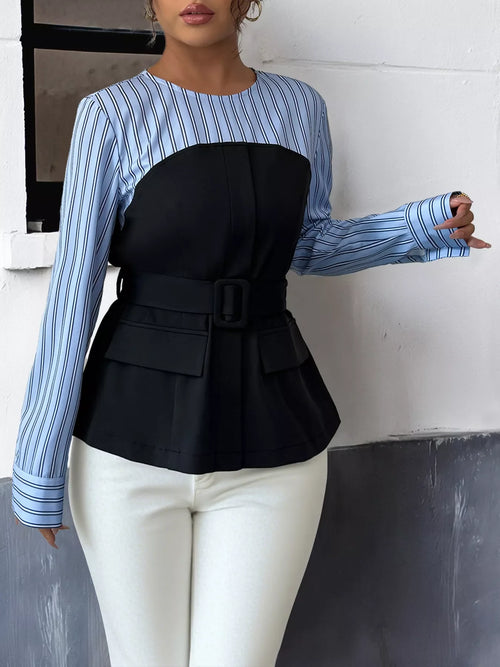 Striped Long Sleeve Buttoned Blouse With Bow Tie - Southern Shores Clothing