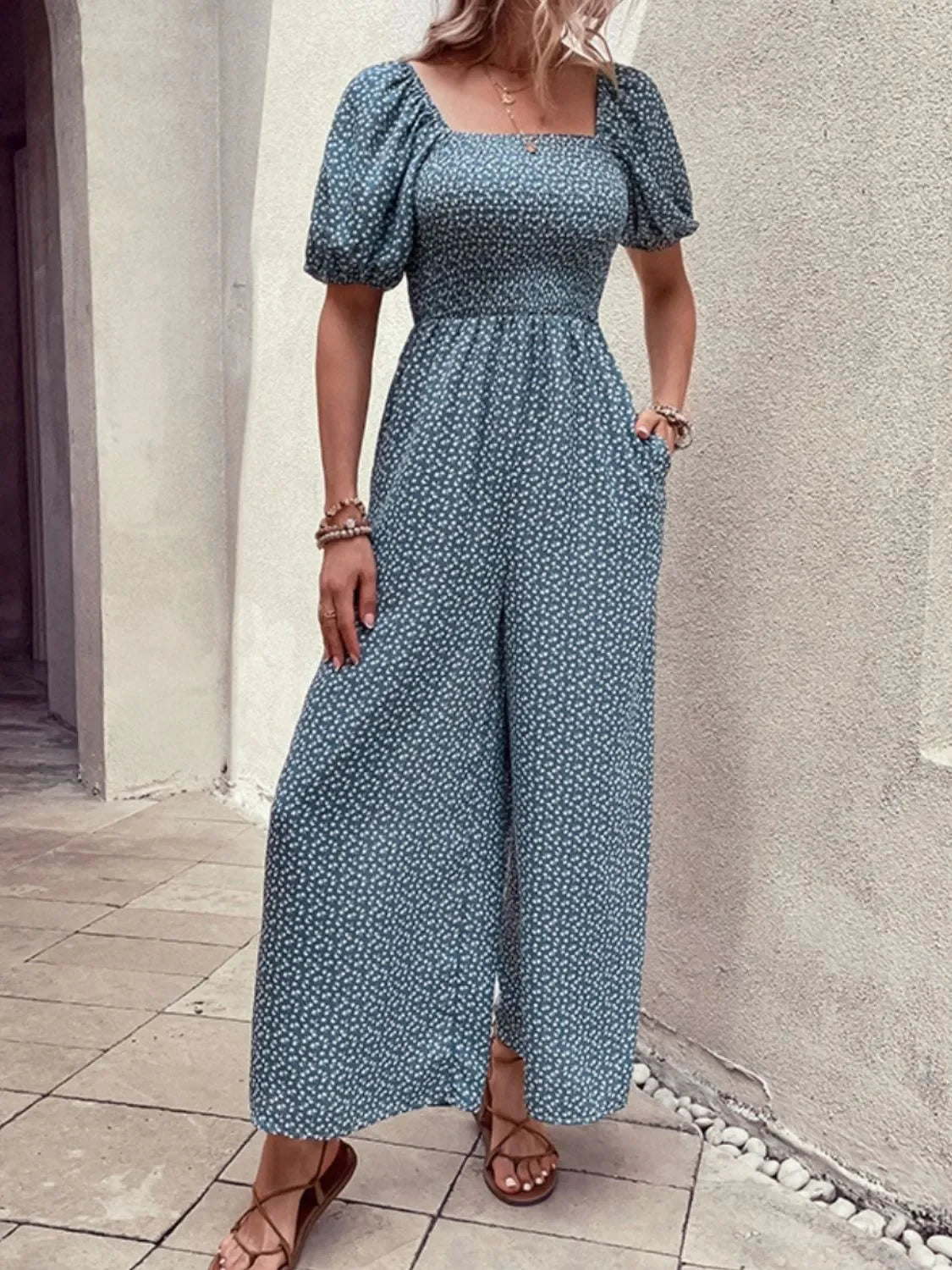 Printed Square Neck Puff Sleeve Jumpsuit - Southern Shores Clothing
