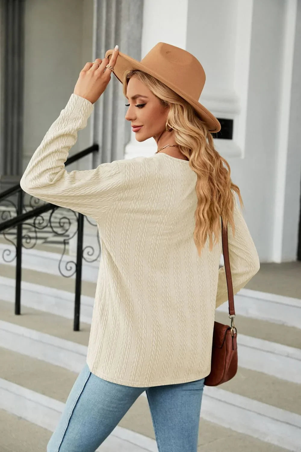 Decorative Button V-Neck Long Sleeve T-Shirt - Southern Shores Clothing