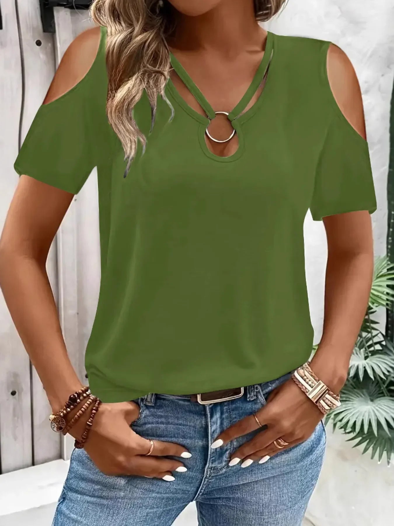 Stretch Cold Shoulder Tee With Metal Ring Detail - Southern Shores Clothing