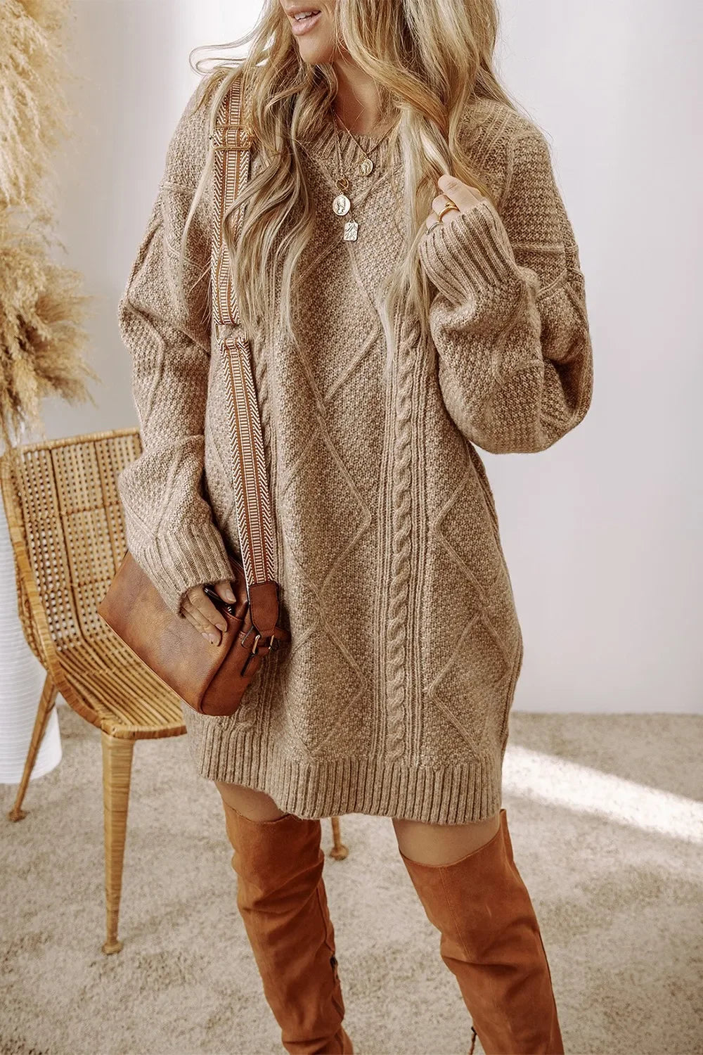Casual Cable-Knit Round Neck Sweater Dress - Southern Shores Clothing