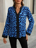 Leopard Print Notched Collar Long Sleeve Polyester Blouse - Southern Shores Clothing