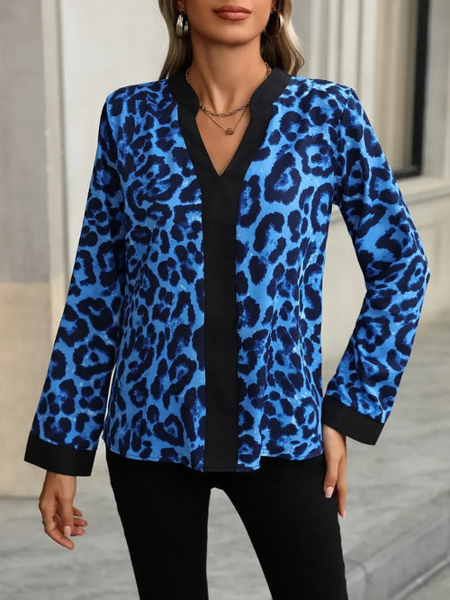 Leopard Print Notched Collar Long Sleeve Polyester Blouse - Southern Shores Clothing