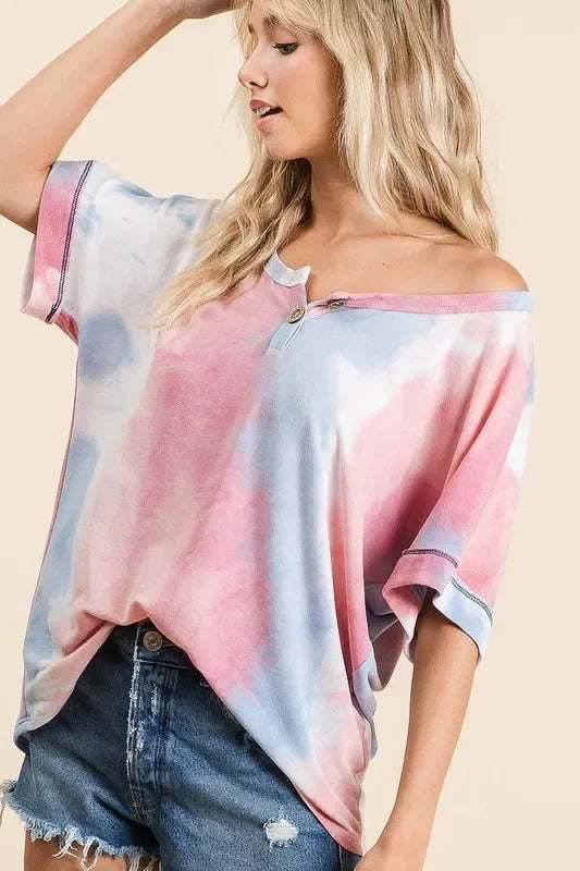 Tie-Dye French Terry Top With Buttoned Placket - Southern Shores Clothing
