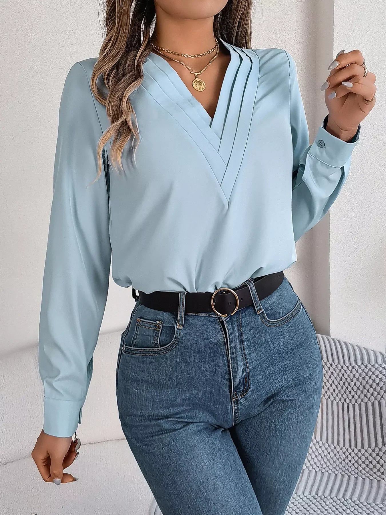 Layered V-Neck Long Sleeve Polyester Blouse - Southern Shores Clothing