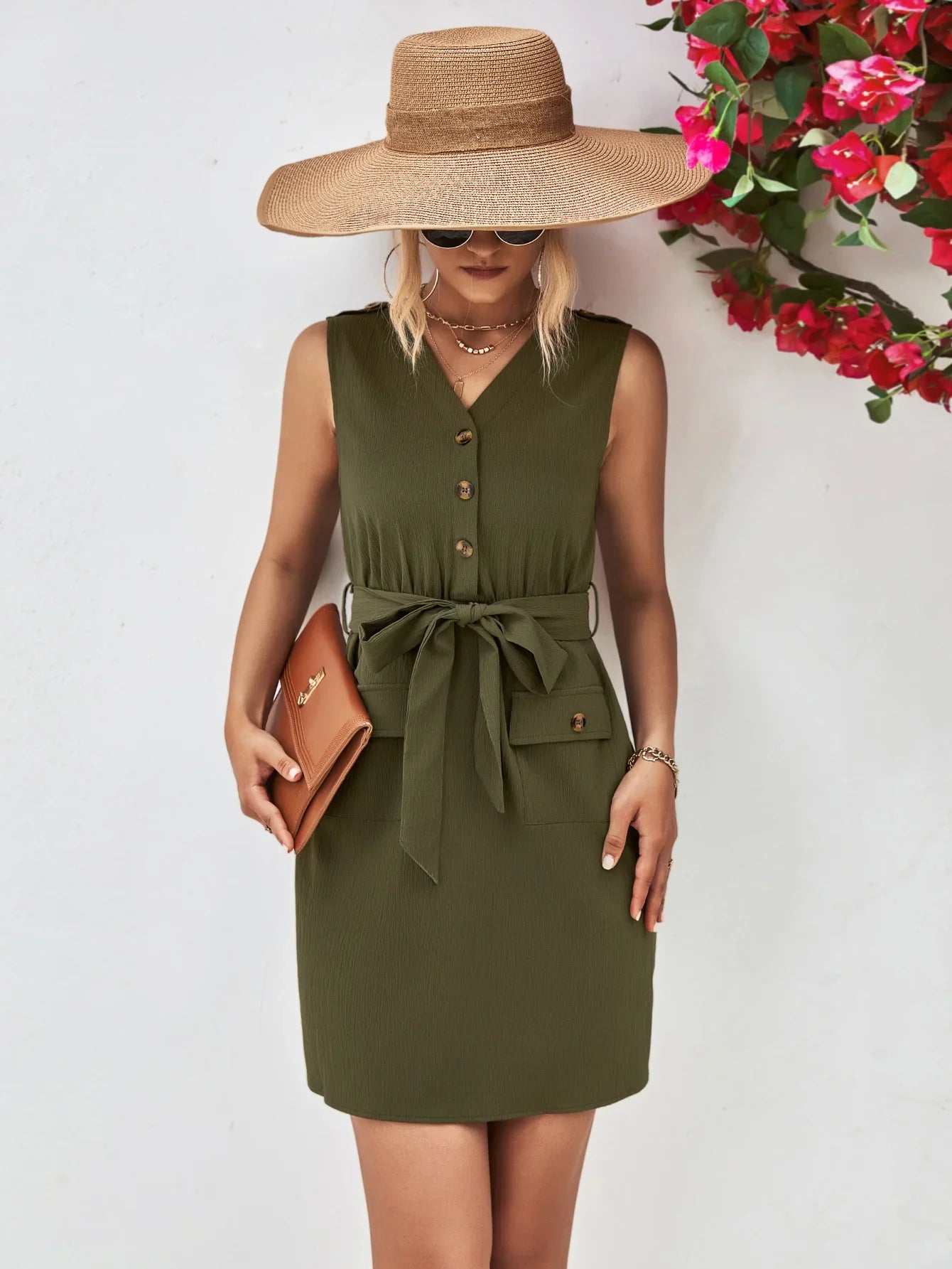 Buttoned V-Neck Belted Sleeveless Dress - Southern Shores Clothing