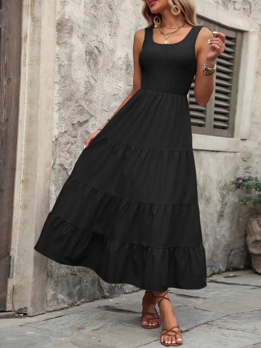 Smocked Scoop Neck Sleeveless Tank Dress - Southern Shores Clothing