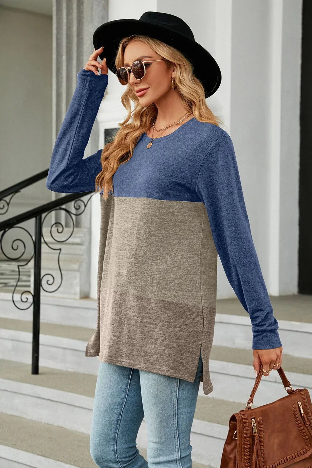 Block Pattern Round Neck Long Sleeve Slit T Shirt - Southern Shores Clothing