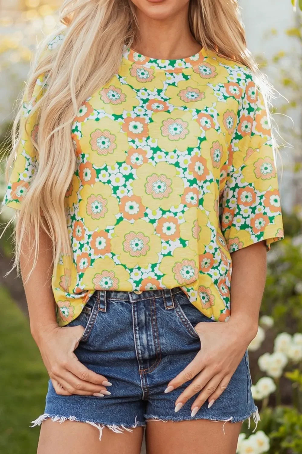 Floral Print Round Neck Oversized T Shirt - Southern Shores Clothing
