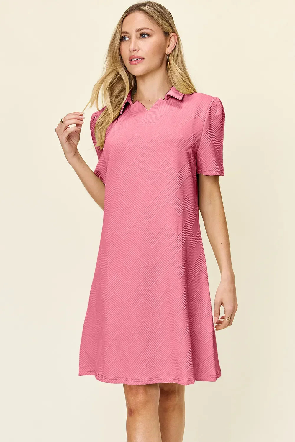 Textured Collared Neck Short Sleeve Dress - Southern Shores Clothing
