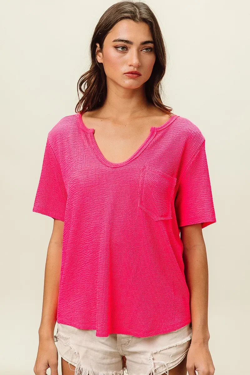 Waved Rib V Neck Top With Front Pocket Relaxed Fit - Southern Shores Clothing