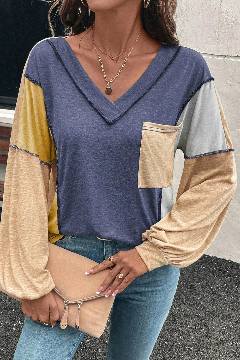 Color Block V Neck Long Sleeve T Shirt With Pocket - Southern Shores Clothing