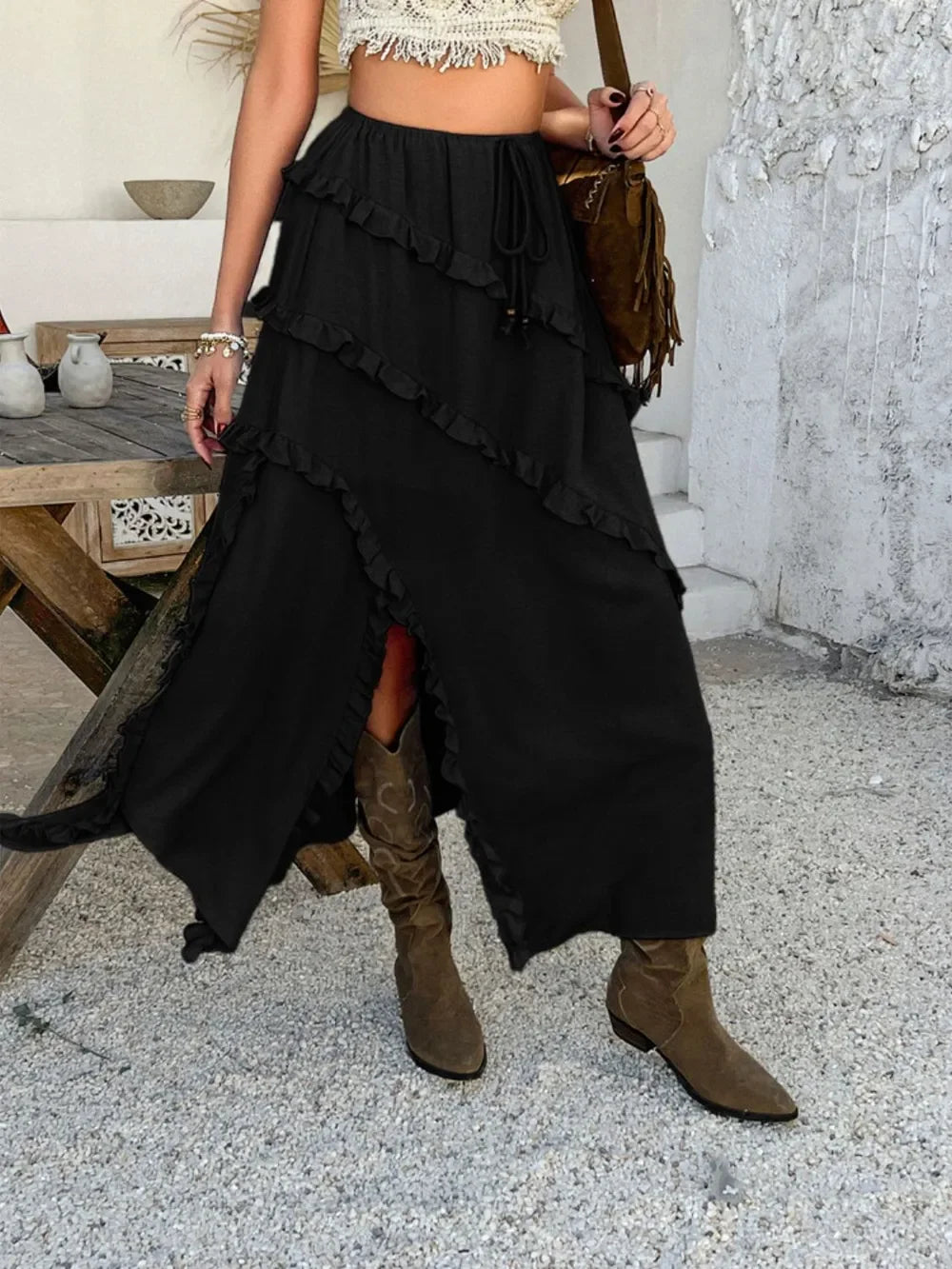 Slit Drawstring Ruffled Skirt With Adjustable Drawstring - Southern Shores Clothing